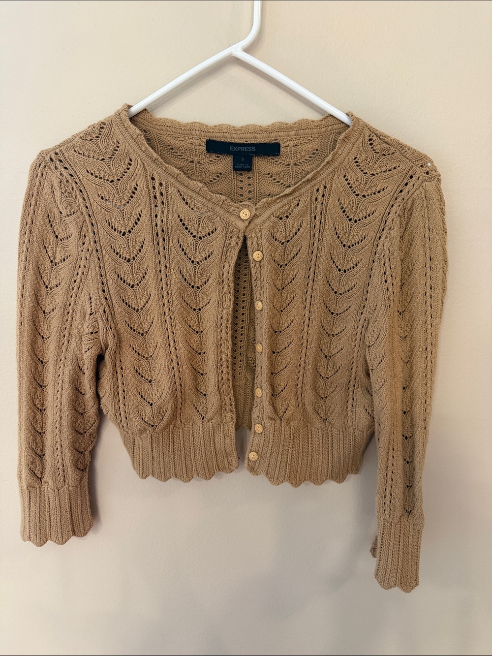 Bolero -Express Tan Cropped Openwork Knit Cardigan